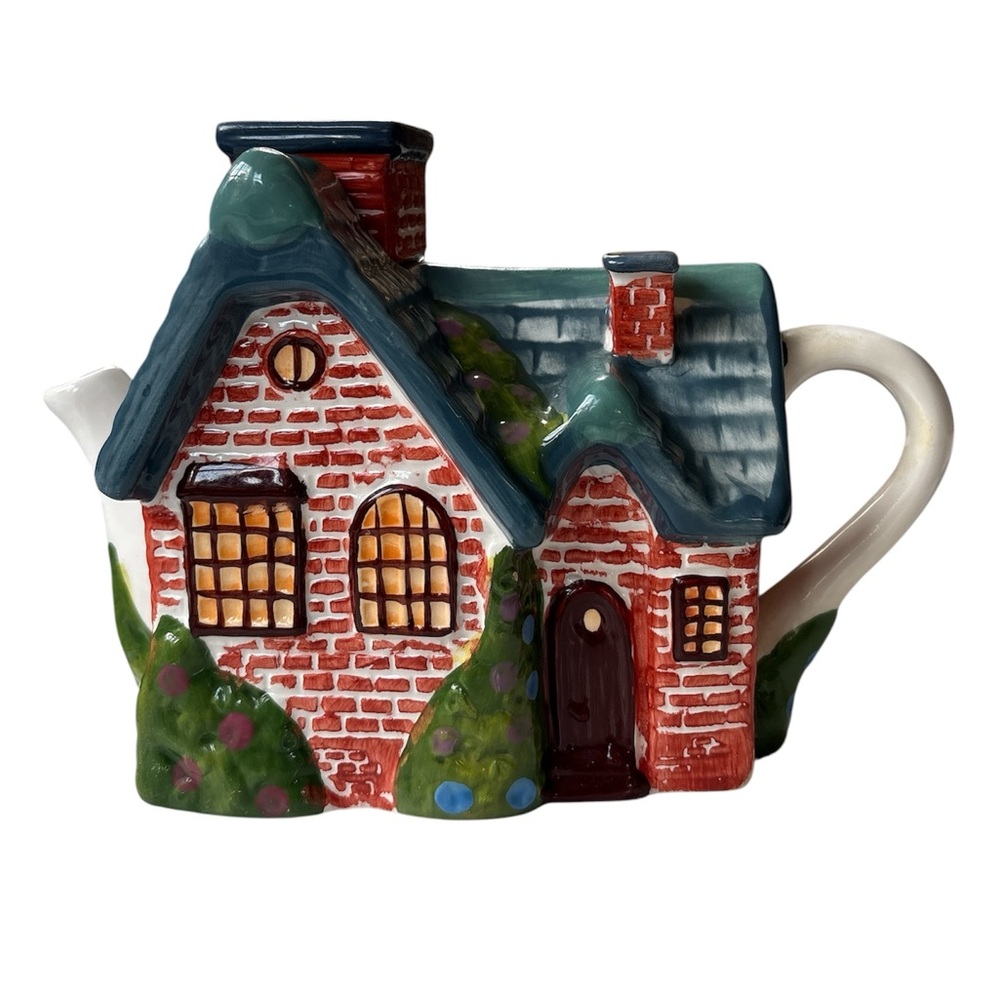 Vintage Thomas Kinkade Ceramic Brick Cottage Fairy House Teapot Medium 6” Tall